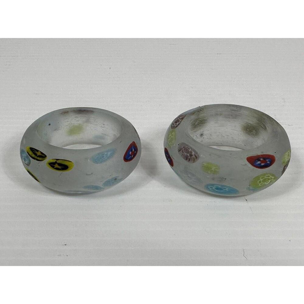 Two Unique Vintage Murano Frosted Glass Millefiori Napkin‎ Rings